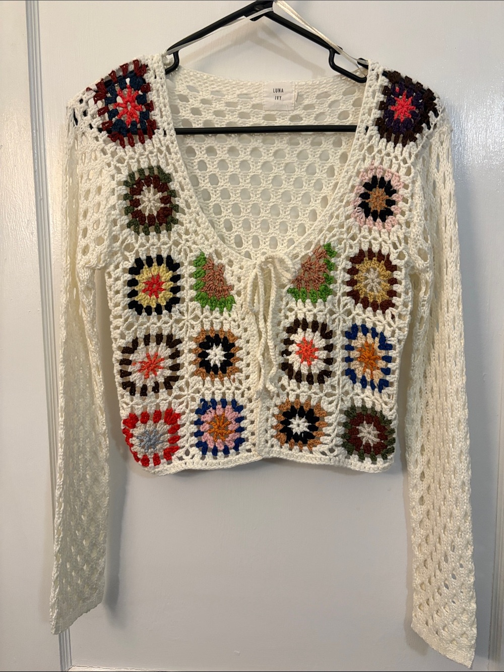 Ivory Crochet Cardigan with Multicolor Granny Squares Crop XS